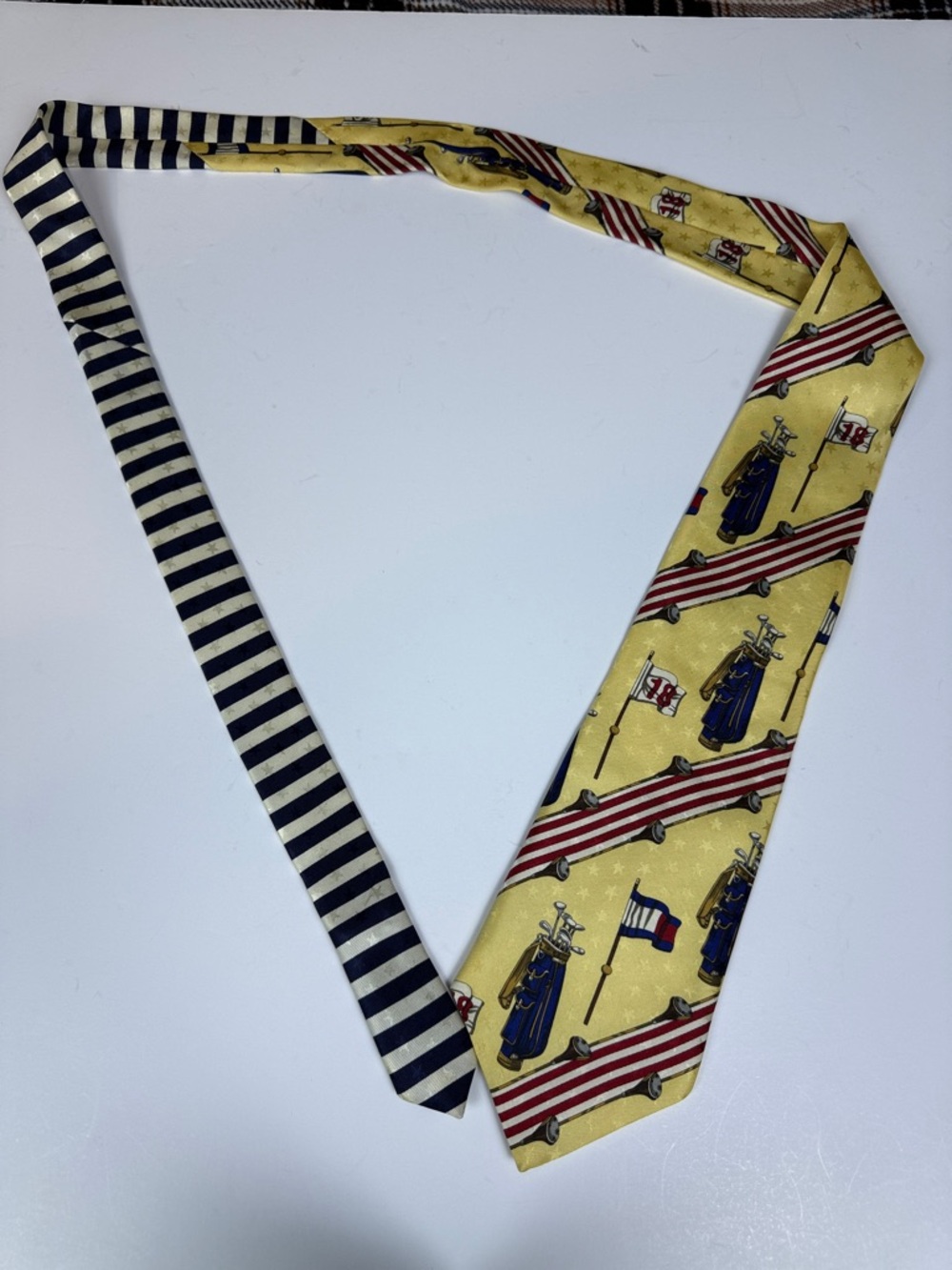 Tommy Hilfiger 100% Silk Yellow Tie, Red, Blue and White Golf Motif, 28.5" long